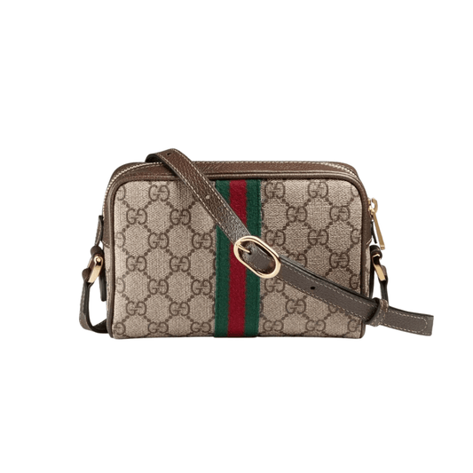 BORSA A SPALLA MINI DONNA OPHIDIA GG SUPREME BEIGE ED EBANO CON WEB VERDE E ROSSO - immagine 2